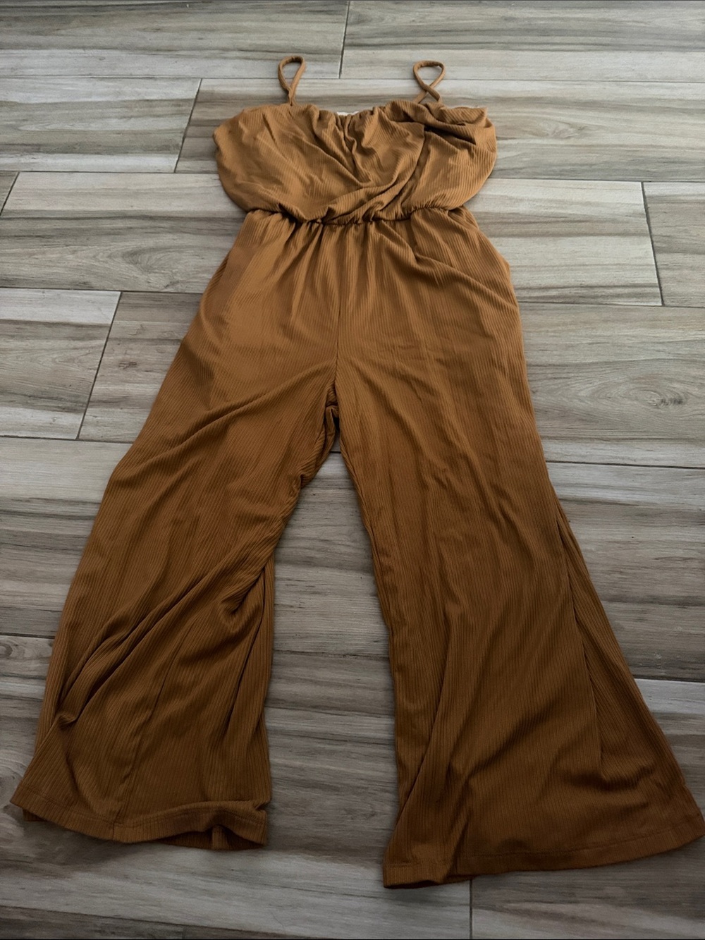 Stitch & Feather Wide-Leg Spaghetti Strap Jumpsuit in Warm Brown large